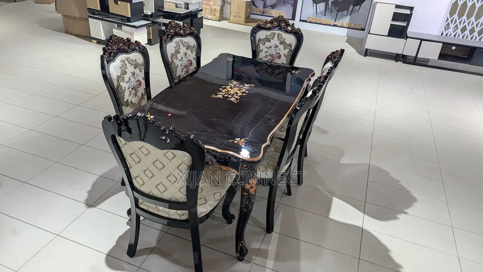 Classic 6-Seater Dining Table Set – Carved Wood Upholstered Chairs