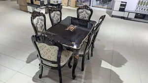 Classic 6-Seater Dining Table Set – Carved Wood Upholstered Chairs