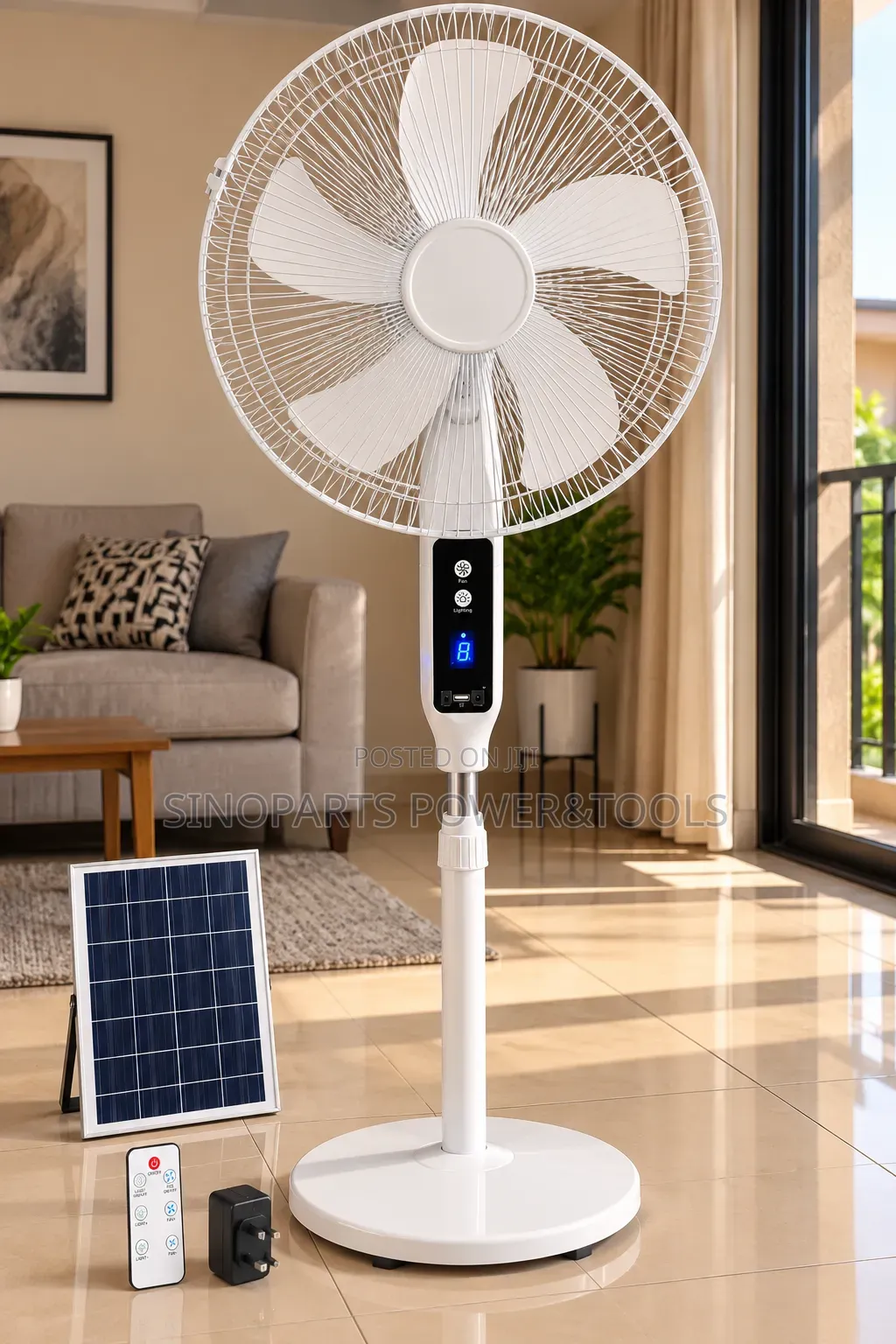 Solar Rechargeable Fan With Remote, LED Light USB Charging