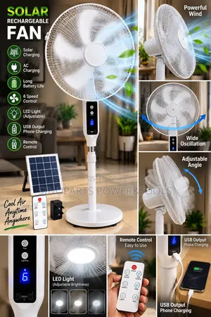 Solar Rechargeable Fan With Remote, LED Light USB Charging