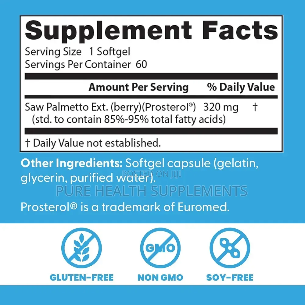 Saw Palmetto Standardized Extract 320 Mg, Prostrate Health 60 Softgels