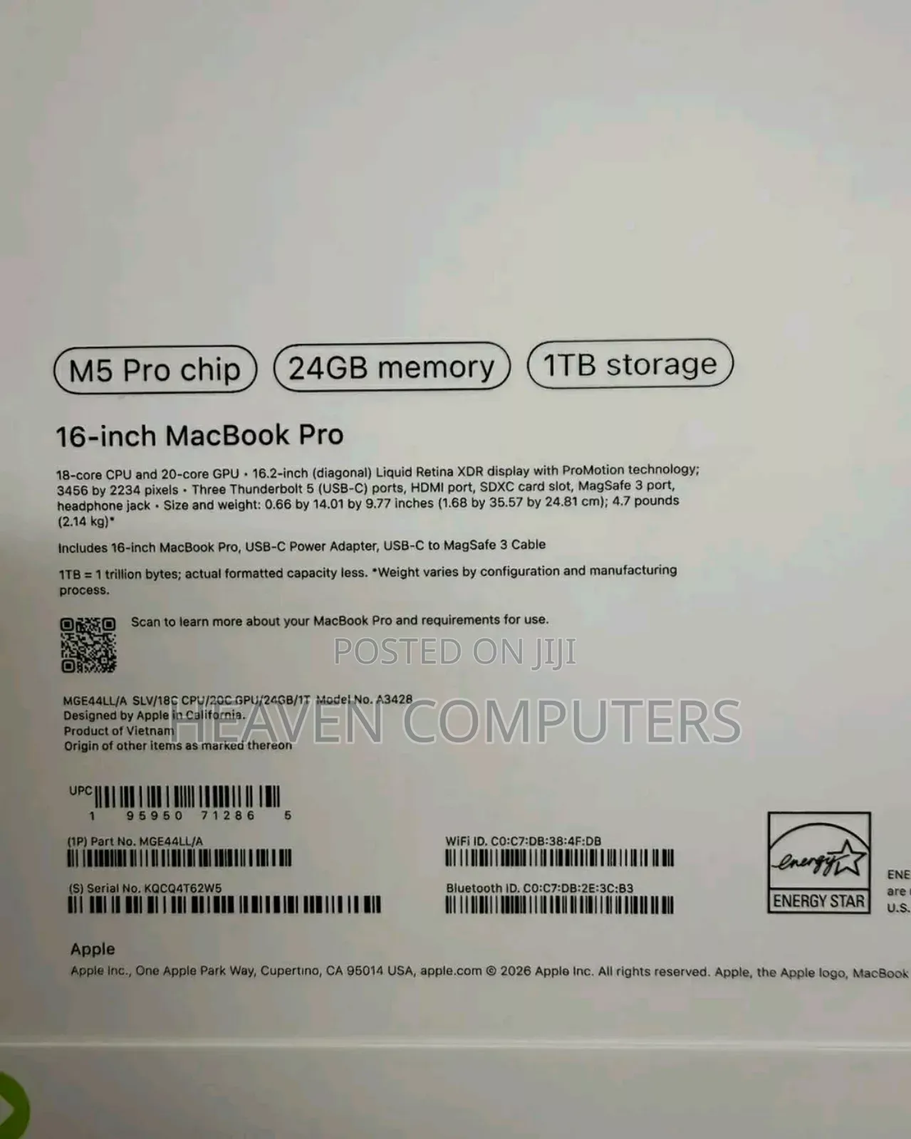 New Laptop Apple MacBook Pro 2026 M5 Pro 24GB Apple M5 Pro SSD 1T