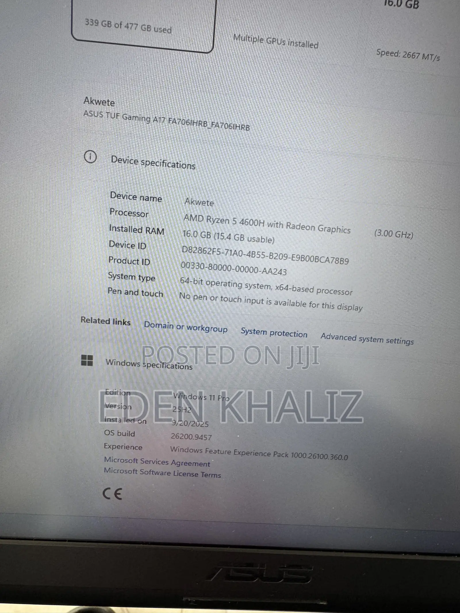 Laptop Asus TUF Gaming A17 16GB AMD Ryzen 5 HDD+SSD 512GB