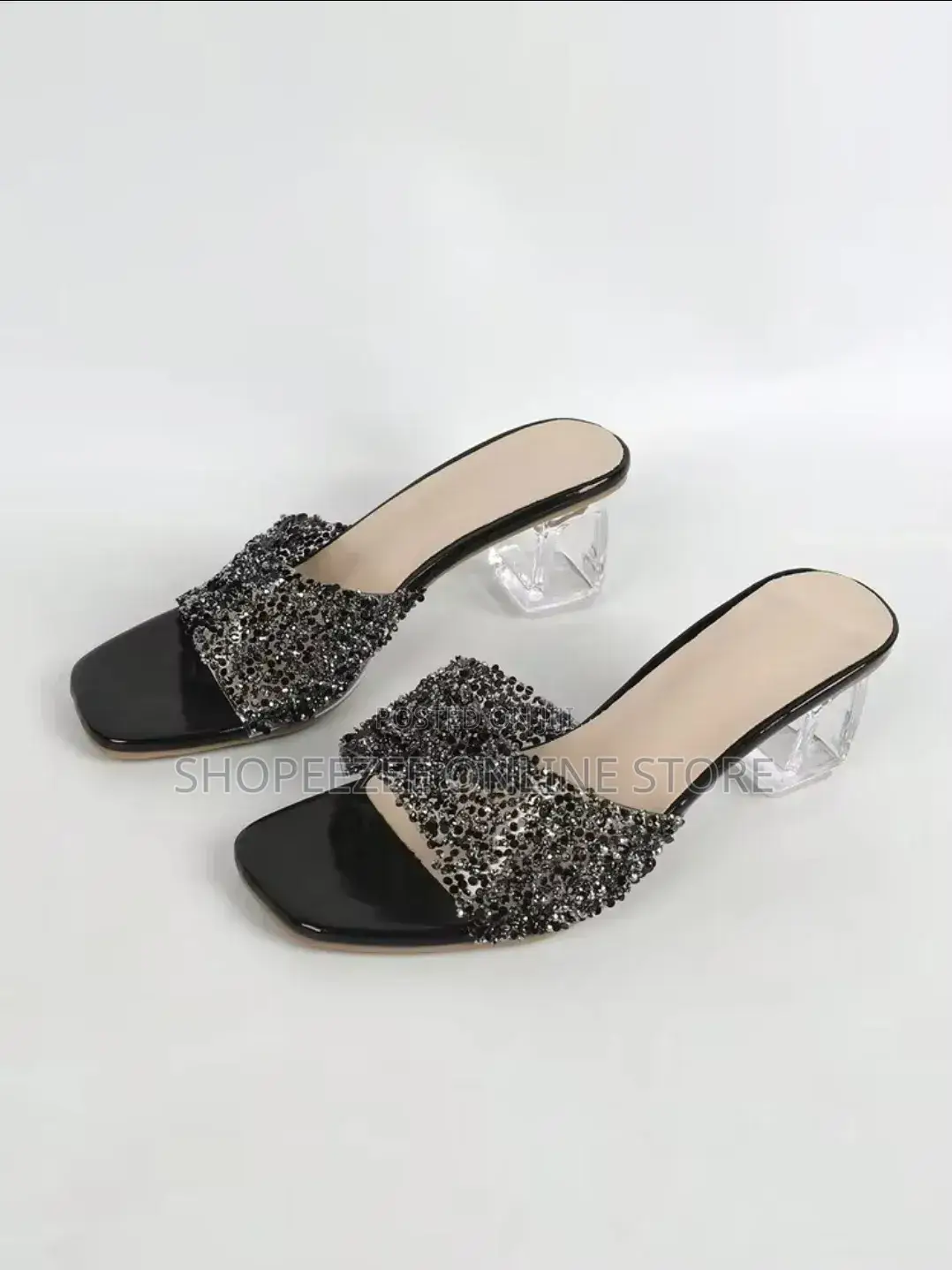 Women's Black Full Rhinestone Slip-on Mule Sandals