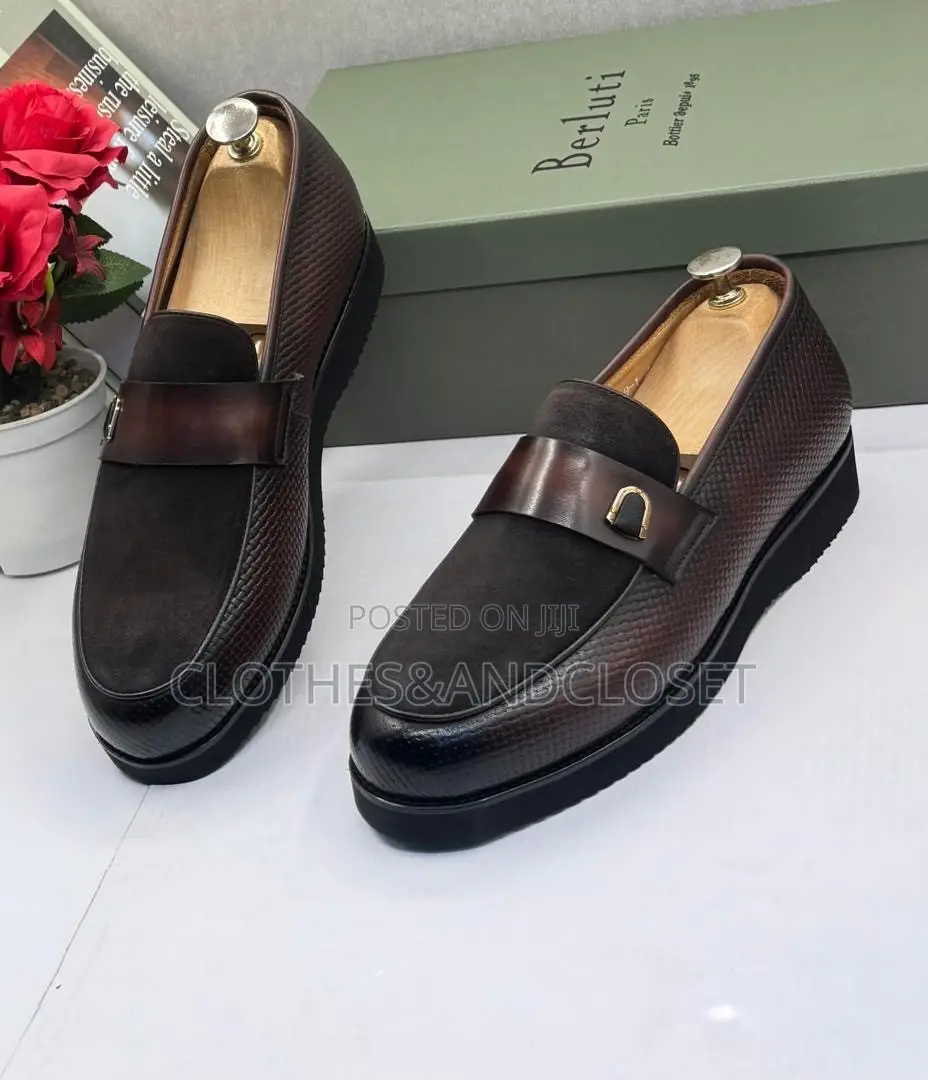 Brown Mixed-Texture Leather and Suede Dress Loafers