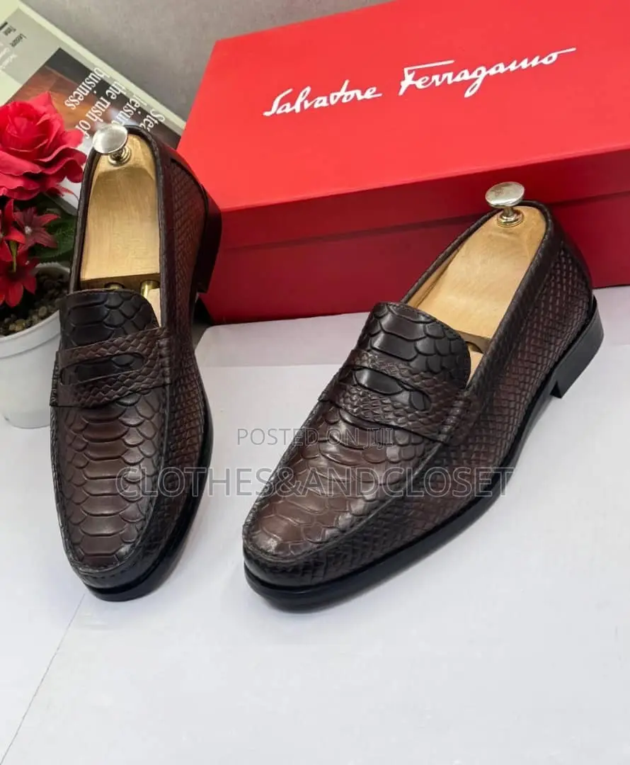 Stylish Pair of Brown Embossed Leather Penny Loafers