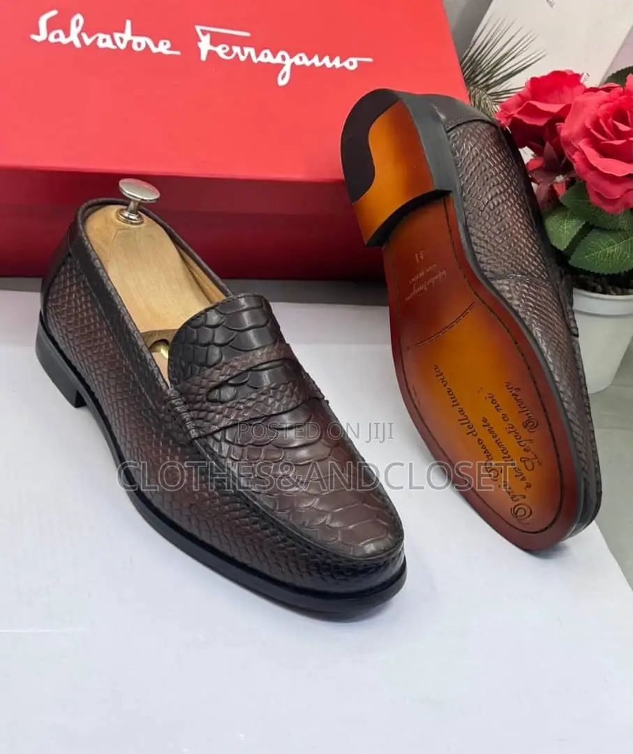 Stylish Pair of Brown Embossed Leather Penny Loafers