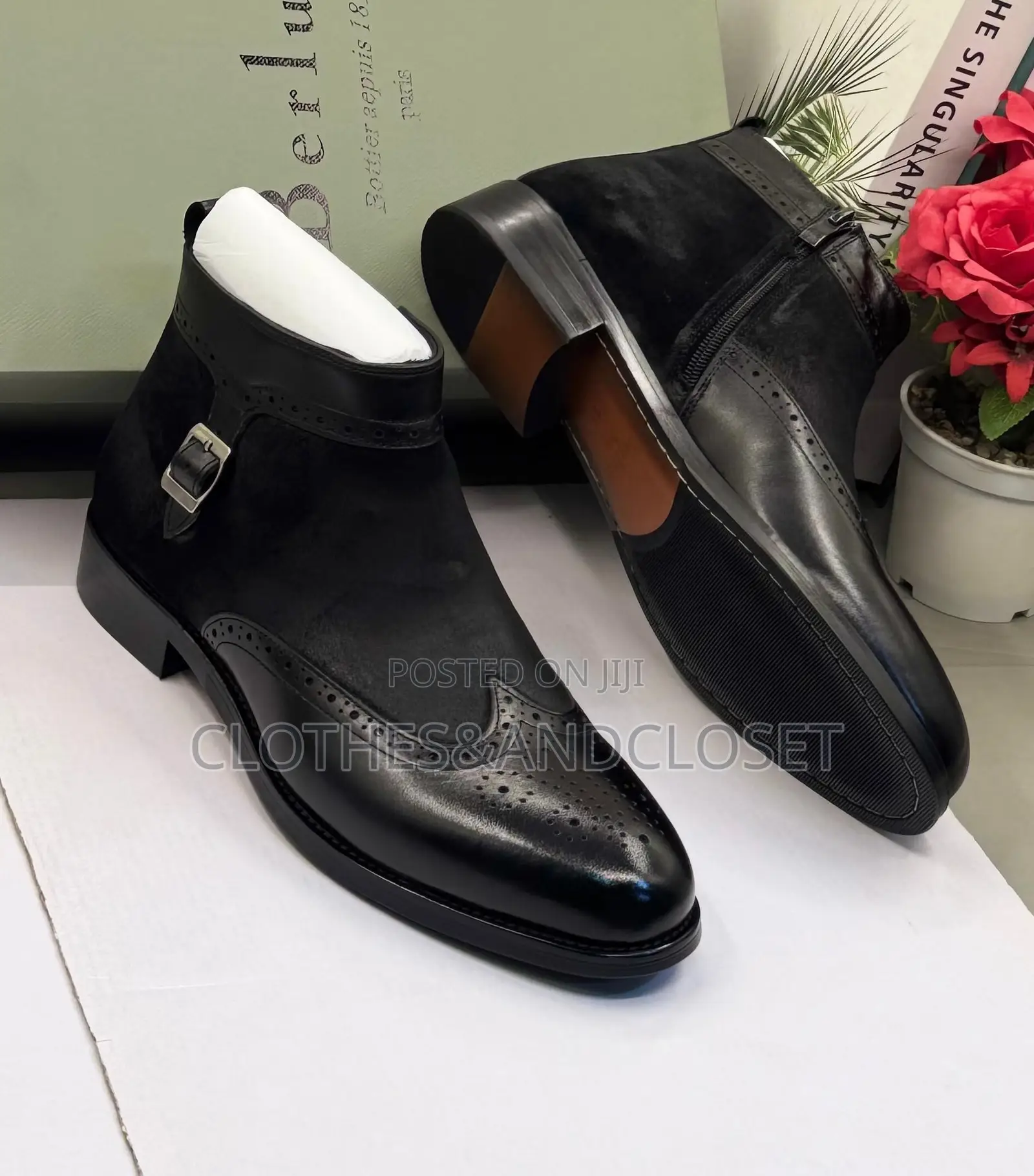 Black Men's Dress Boots Featuring a Combination of Polished Smooth
