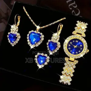 Wristwatch Earrings , Necklace , Ring Set Gold/Blue