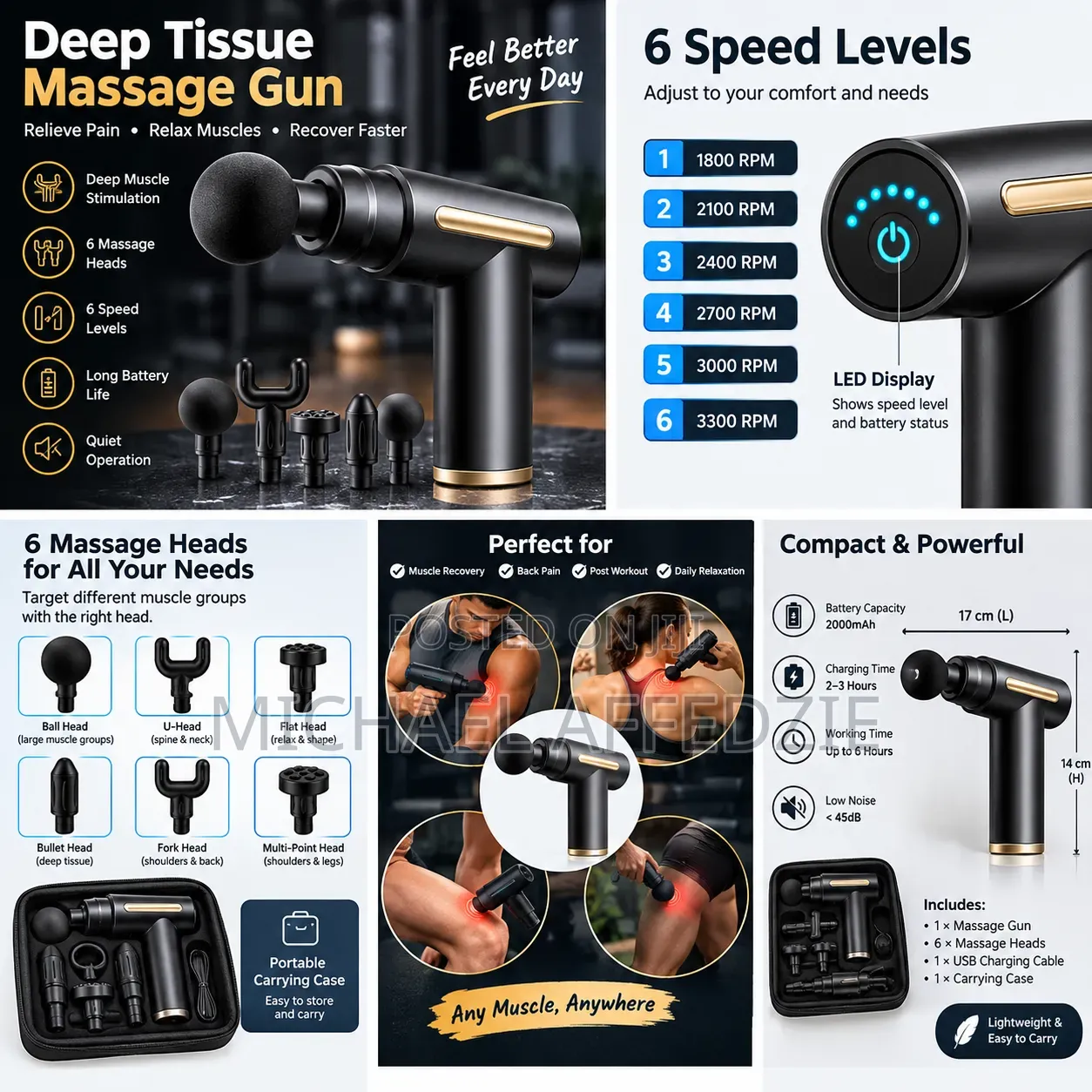 ProFit 6-Head Deep Tissue Massage Gun – Black Gold
