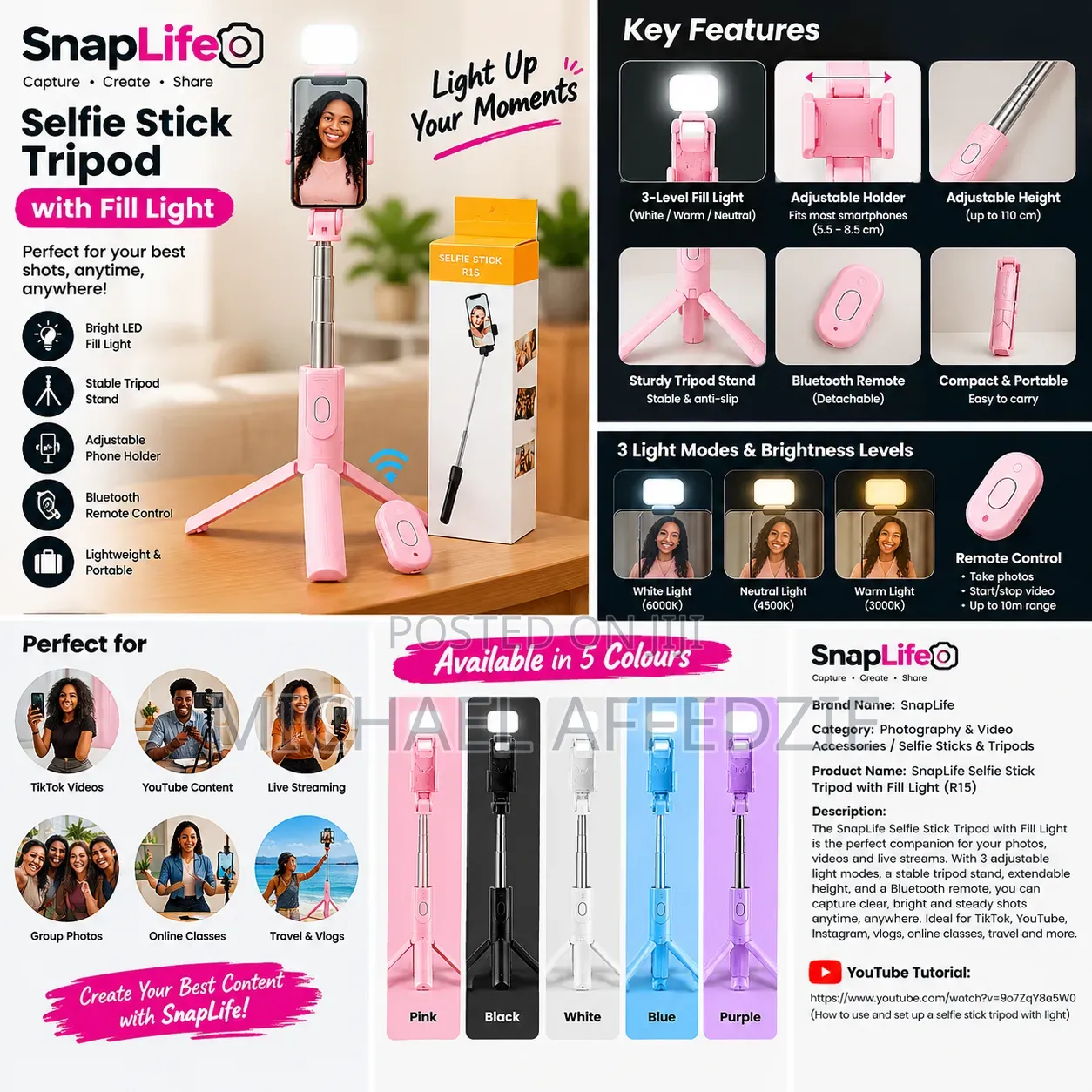 Selfie Stick Tripod With LED Fill Light