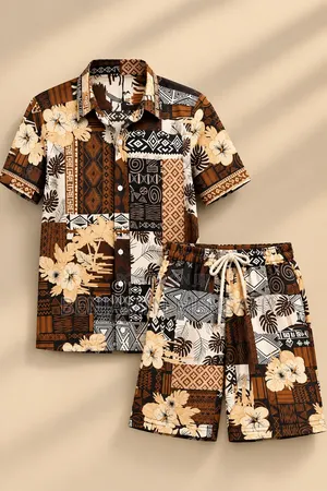 Men’s 2 Piece Matching Set | Printed Shirt Shorts | Casual Wear