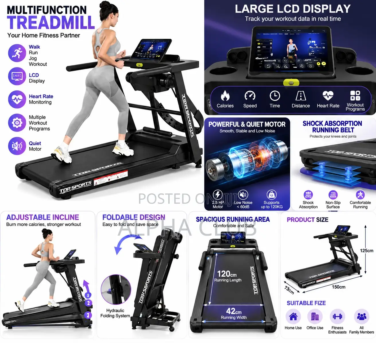180Kg Maximum Weight Bearing Electric Workout Treadmill-Multi.