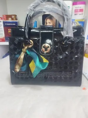 Black Patent Faux-Leather Hand Bag With Satin Scarf
