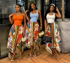 Vintage Print Flowy Skirt+Tank Top Set