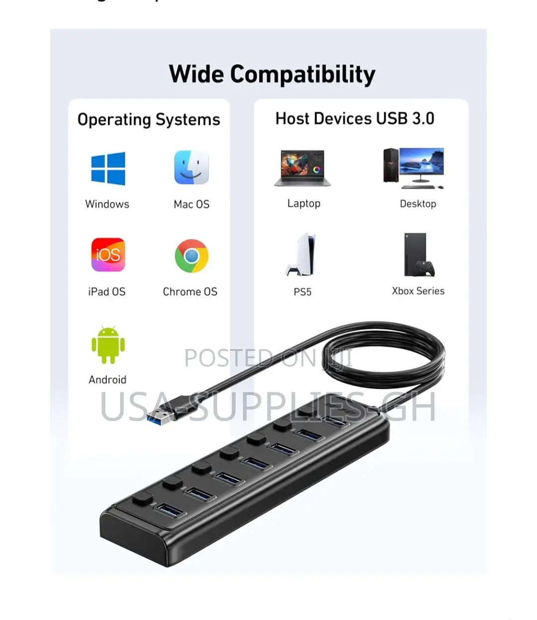 BENFEI USB 3.0 Hub 7-Port USB Splitter With Power on/Off From USA