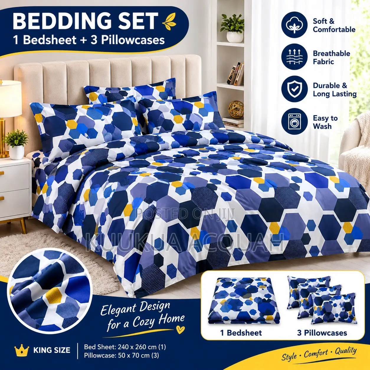 1 Kingsize Bedsheet 3 Pillow Cases
