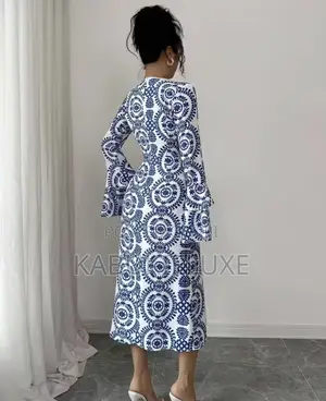 Elegant Blue White Floral Maxi Dress – Slim Fit Flared Sleeves