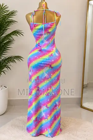 Women’s Rainbow Print Ruched Cut-Out Maxi Dress – XL 