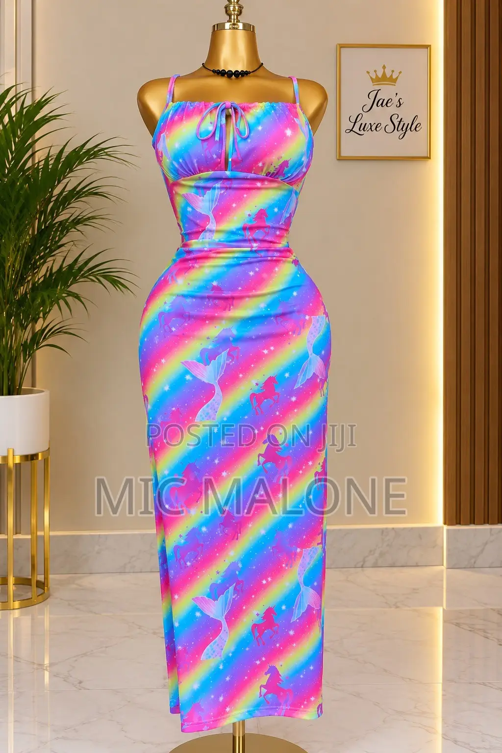 Women’s Rainbow Print Ruched Cut-Out Maxi Dress – XL 