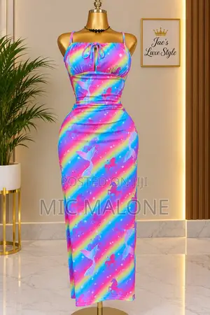 Women’s Rainbow Print Ruched Cut-Out Maxi Dress – XL 