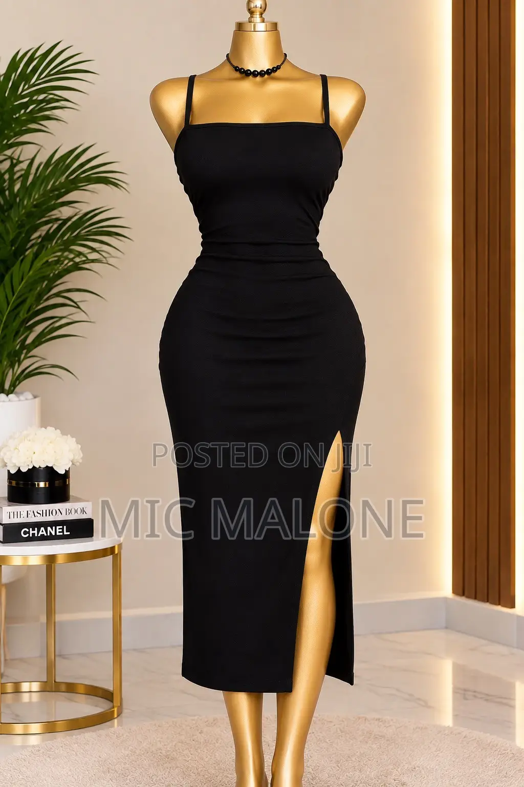 Women’s Black Ruched Bodycon 3⁄4-Length Midi Dress