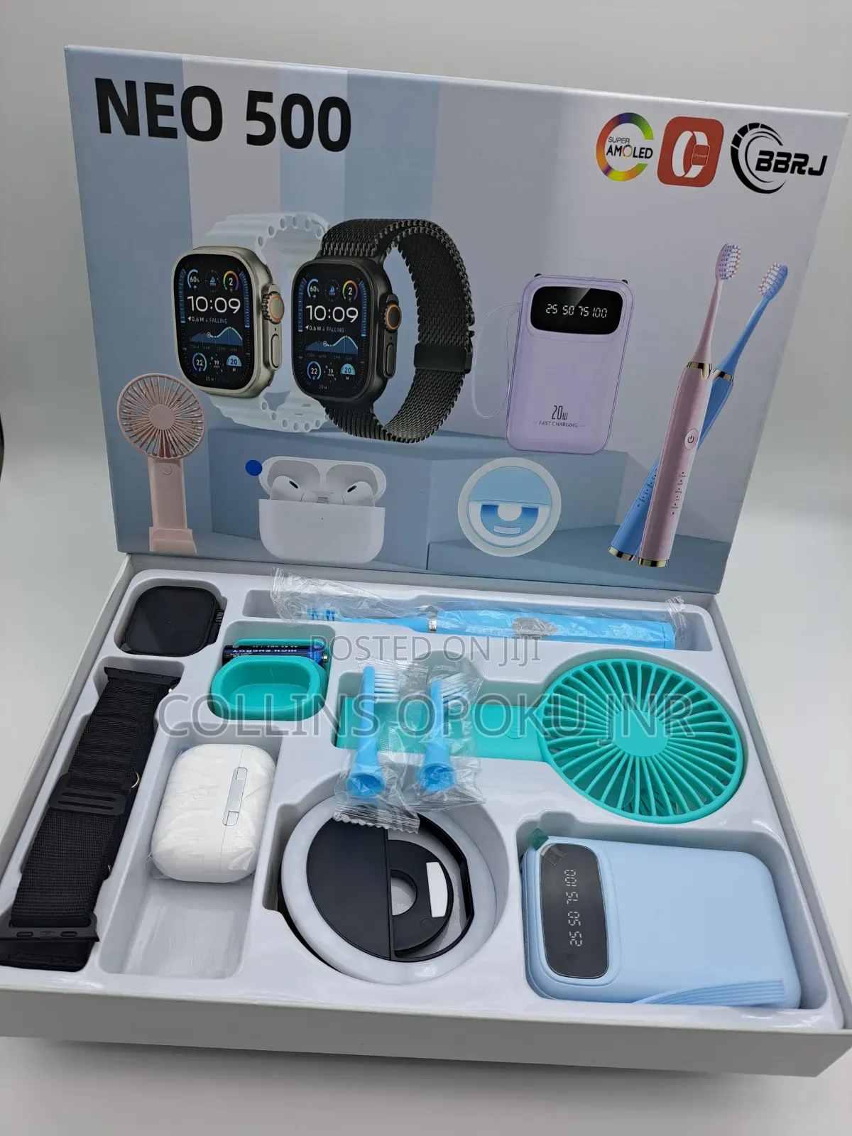 NEO 500 Smart Watch Combo Gift Set [Airpod, P. Bank, Fan, Brush - BLUE