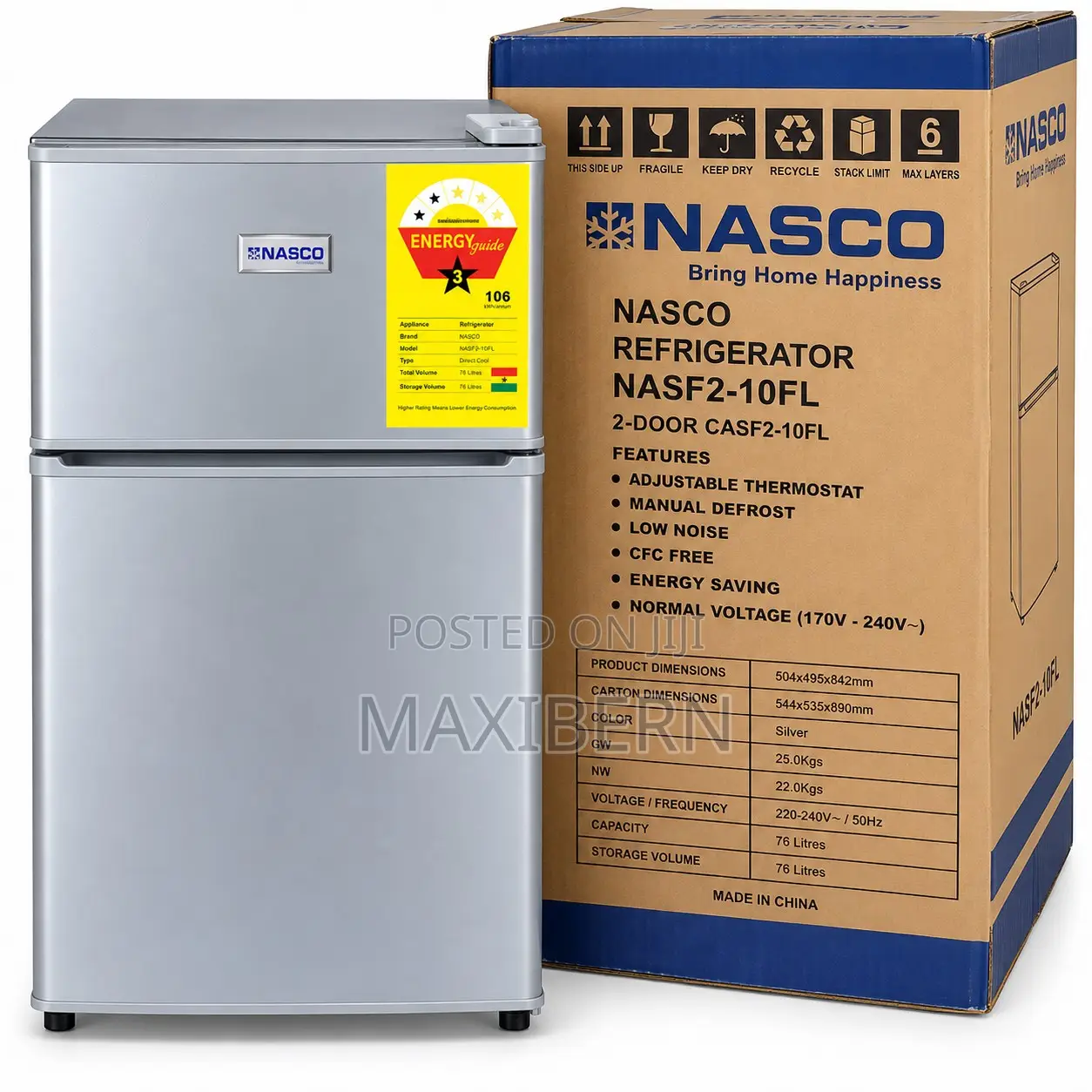 Nasco NASF2-10FL 76L Double Door Table Top Fridge - Silver