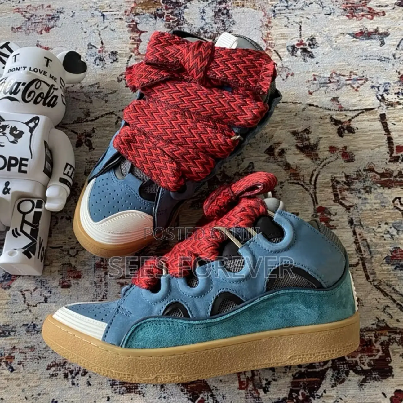 Lanvin Curb Leather & Suede Sneaker (Blue / Red)
