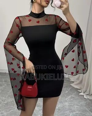 Elegant Black Bodycon Mini Dress With Heart Mesh Sleeves