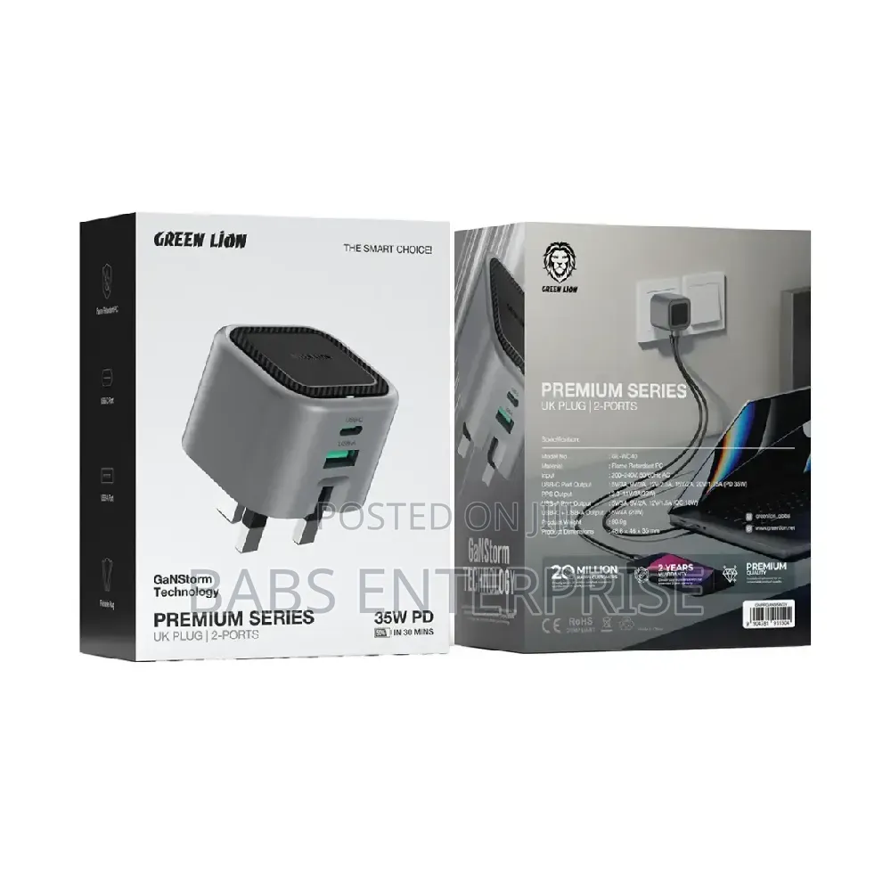 Green Lion Premium Series GaN Charger UK Plug PD 35W – Gray