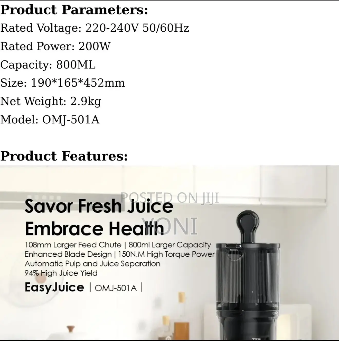 Brand New- Oraimo Easy Juice 108mm Diameter 800ML Slow Juice
