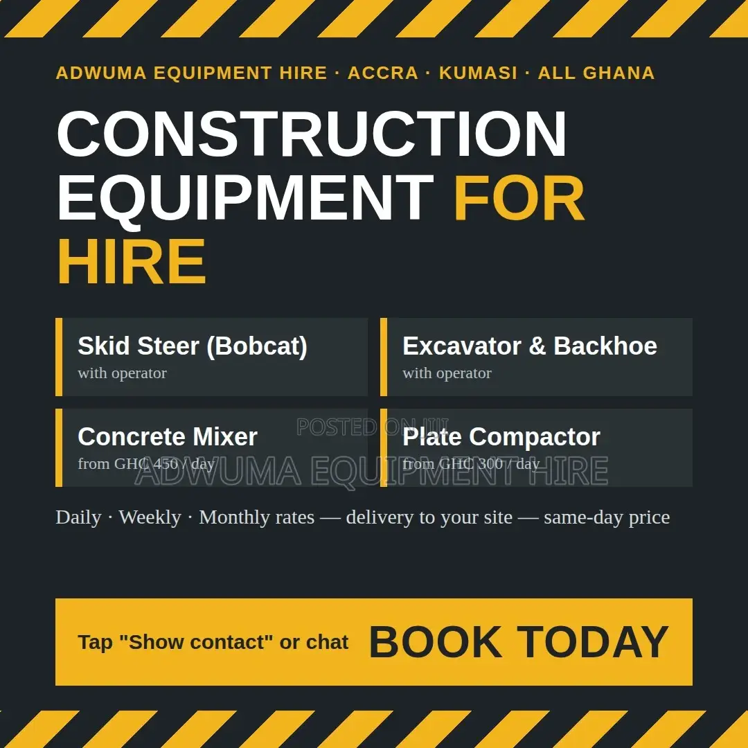 Bobcat, Excavator, Mixer Compactor for Hire - Accra All Ghana