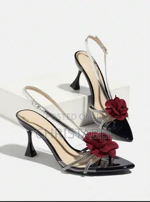 Ladies Black and Silver Flower Decor Heel