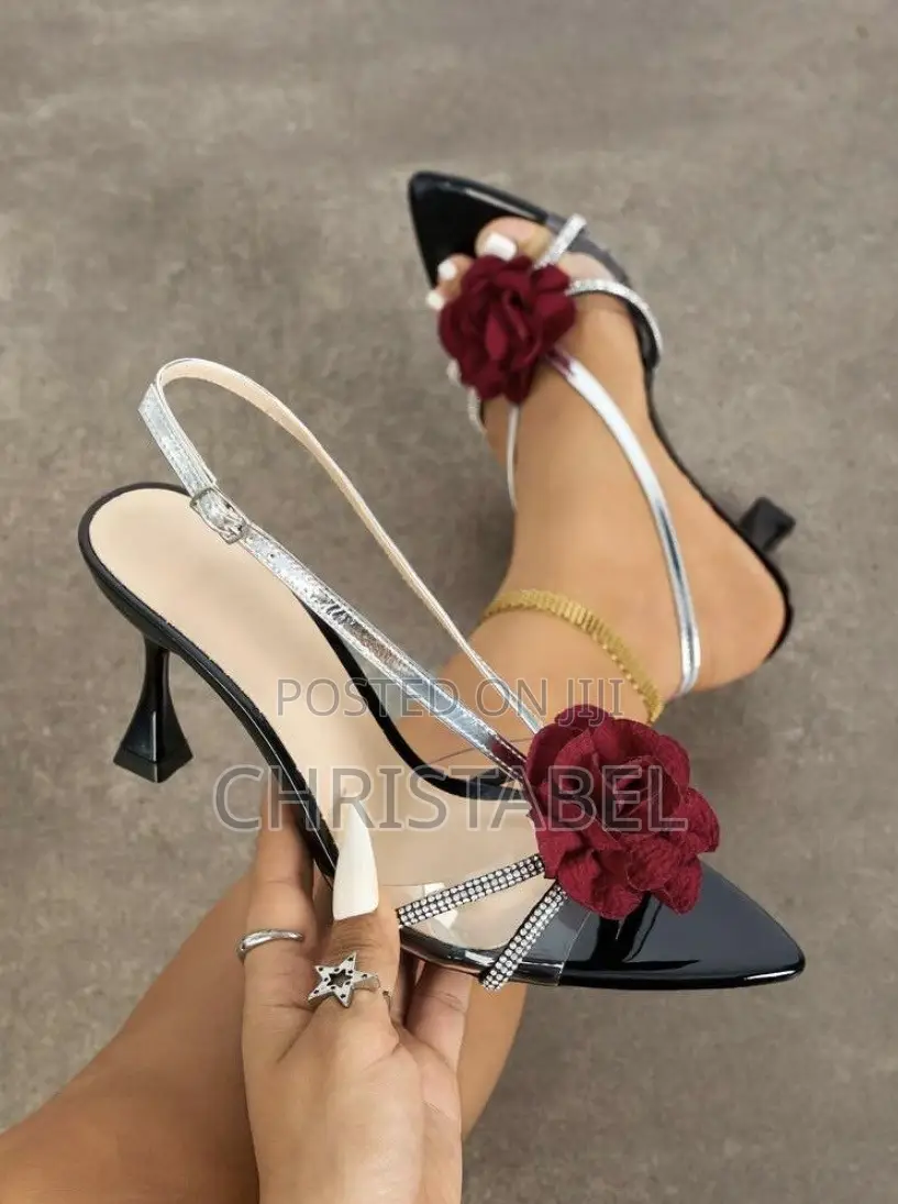 Ladies Black and Silver Flower Decor Heel