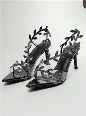 Ladies Trendy Leaf Glitter Black Heel