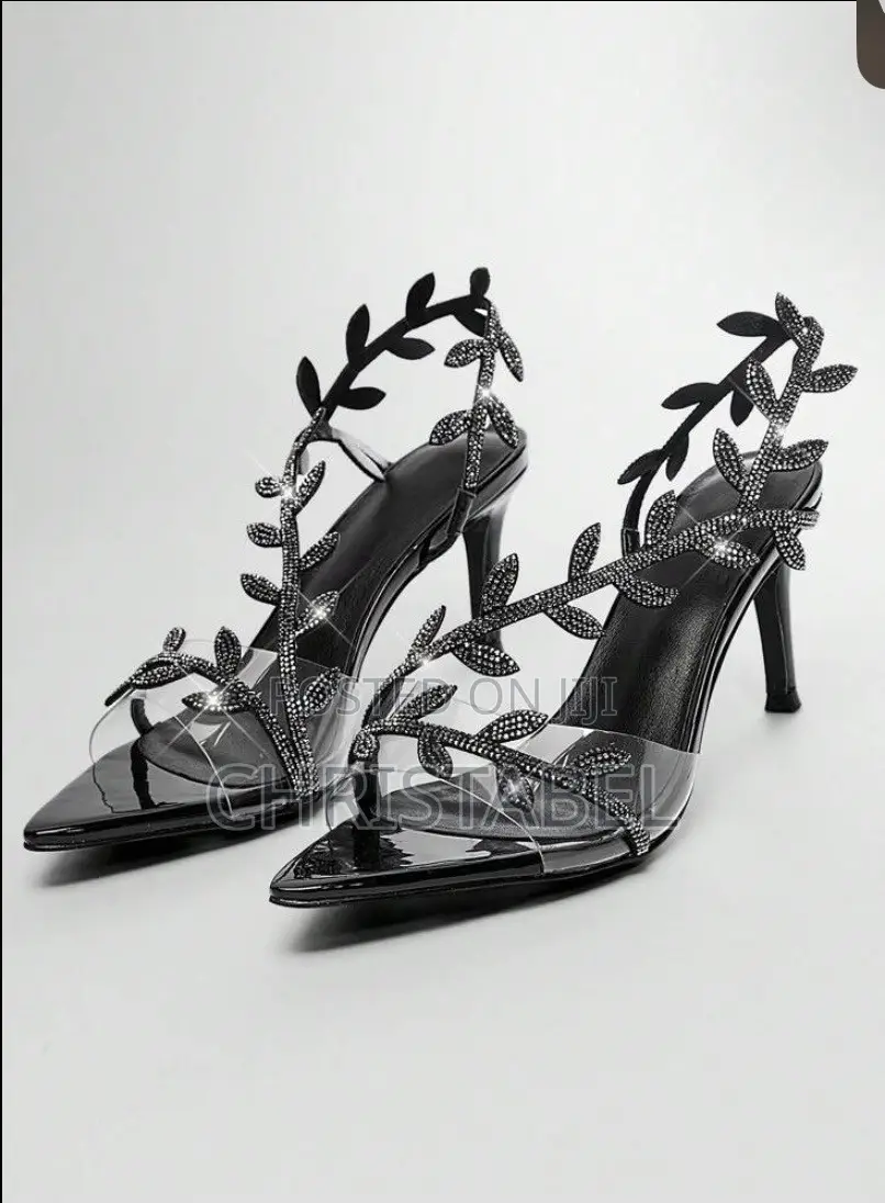 Ladies Trendy Leaf Glitter Black Heel