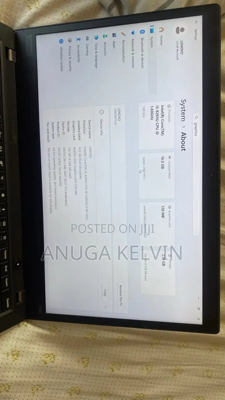 Laptop Lenovo ThinkPad T490s 16GB Intel Core i5 SSD 256GB