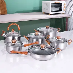 Stainless Steel Cookware Set With Wooden Grain Patterned Handles