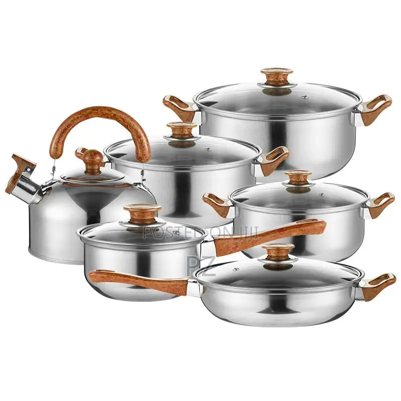 Stainless Steel Cookware Set With Wooden Grain Patterned Handles