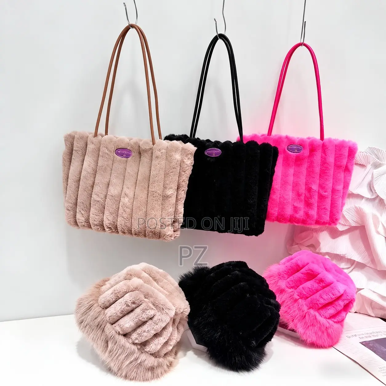 Women's Plush Fur Casual Tote Bag Hat Set