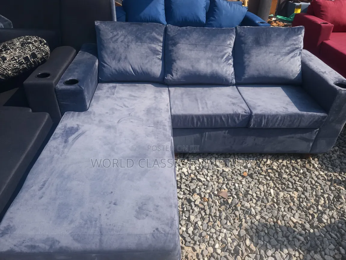 Gray Velvet L-Shaped Sectional Sofa With Cup Holders