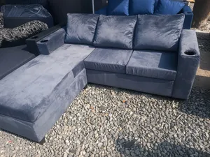 Gray Velvet L-Shaped Sectional Sofa With Cup Holders