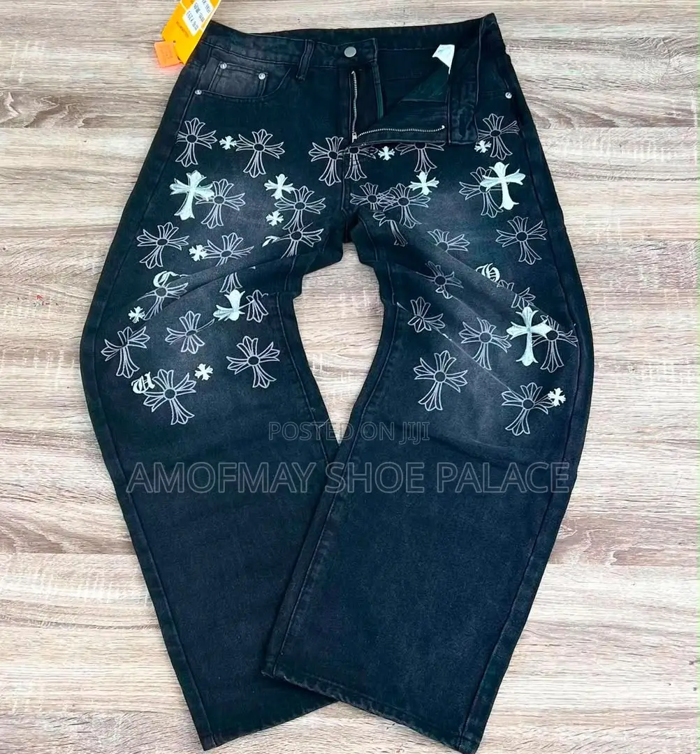 Black Cross Print Baggy Jeans