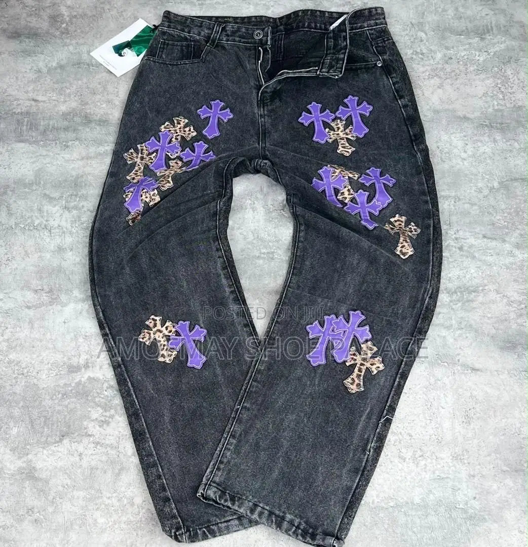 Black Cross Print Baggy Jeans