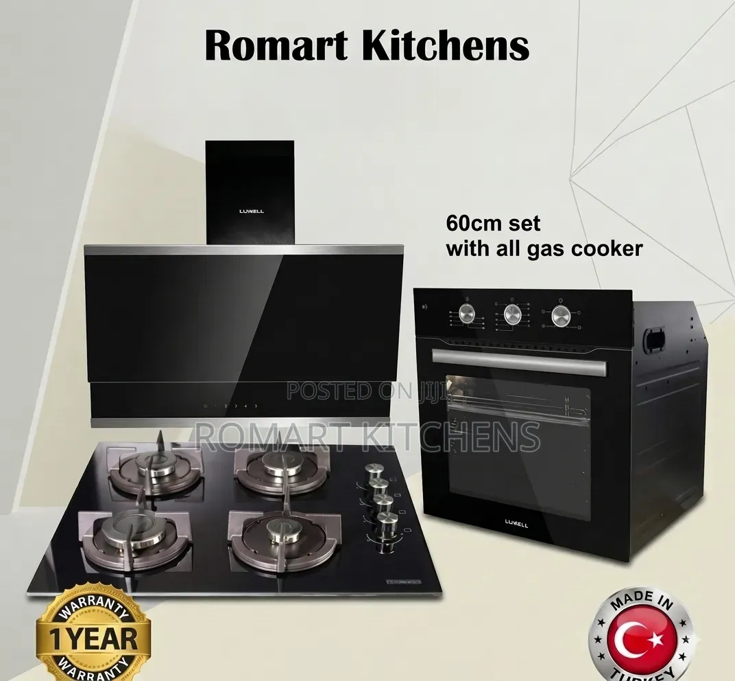 Luxell 60cm Inbuilt 4 Burner Glass Set. Oven, Hob and Heat Extractor