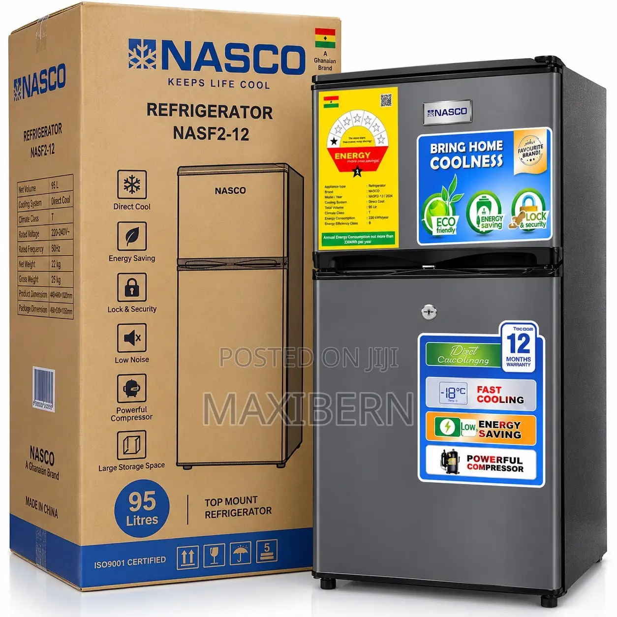 Nasco 95L Double Door Fridge With Top Freezer – NASF2-12S