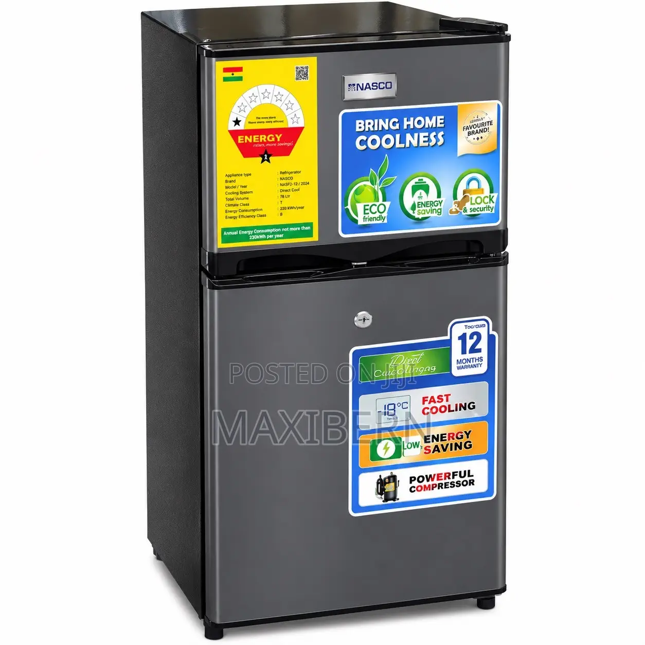 Nasco 95L Double Door Fridge With Top Freezer – NASF2-12S