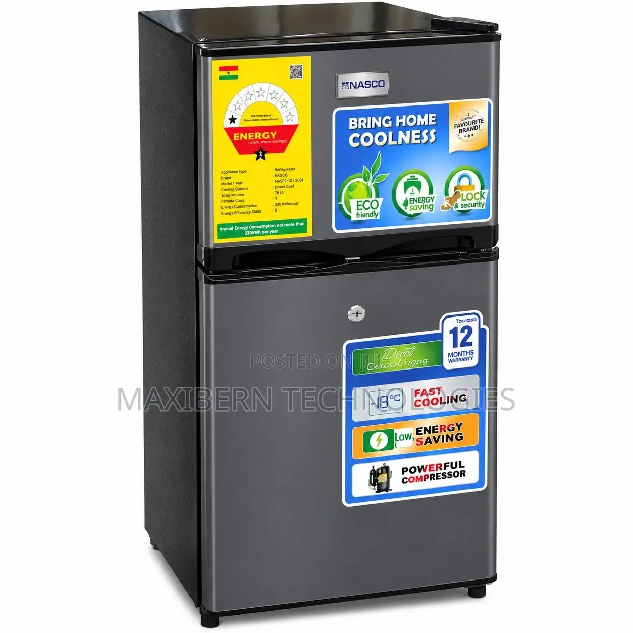 Nasco 95L Double Door Fridge With Top Freezer – NASF2-12S