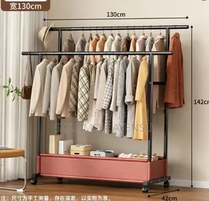 Black Double-Rod Metal Garment Rack Featuring a Bottom Storage Box,